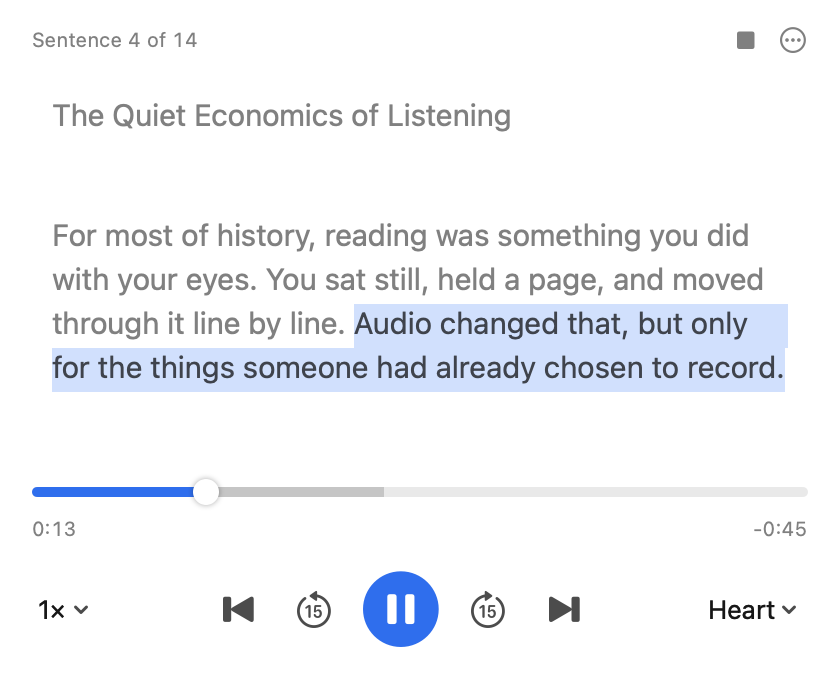 Aloud's player: the text being read with the current sentence highlighted, a timeline, and playback controls